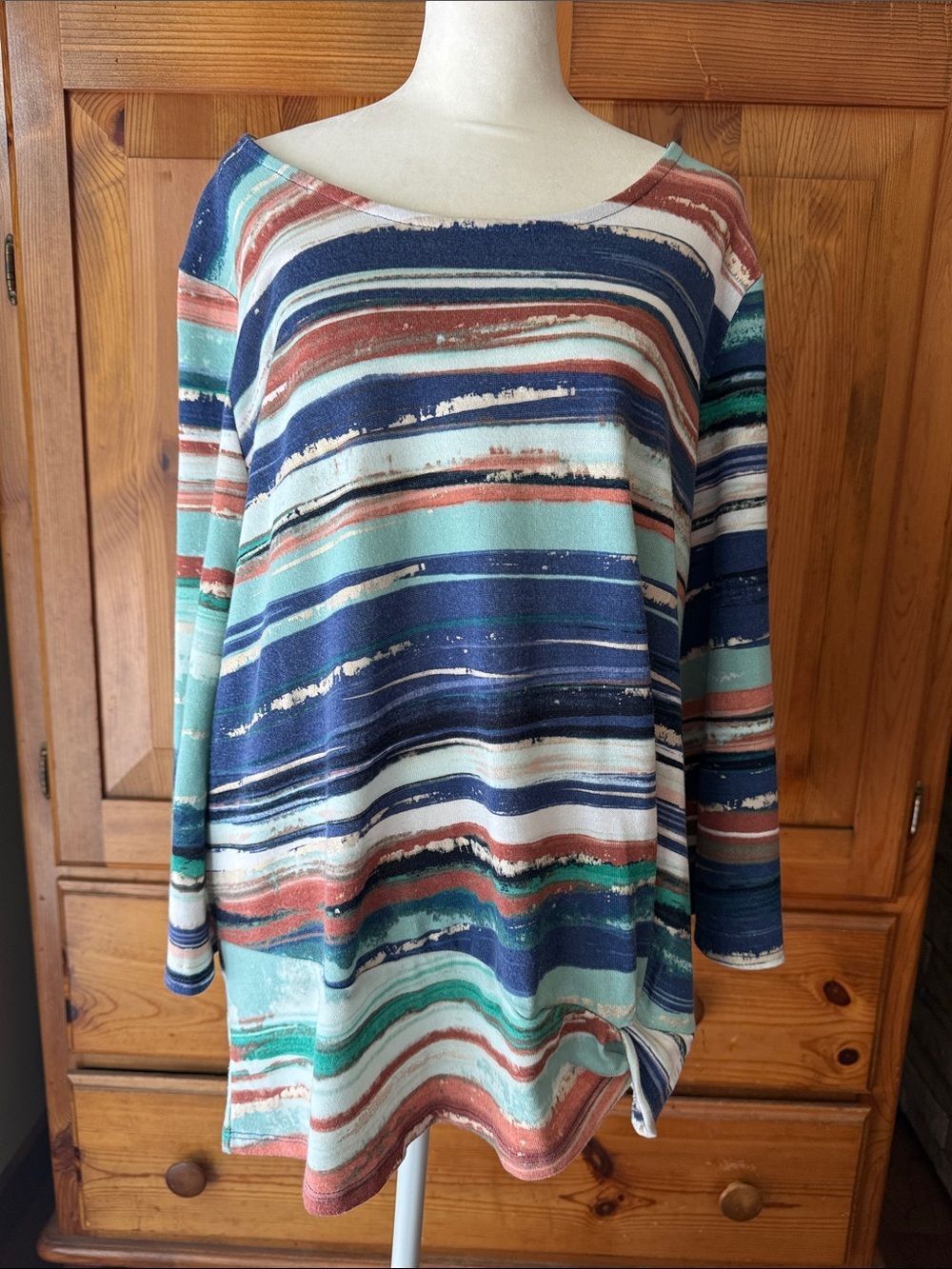 Striped Boatneck Pullover Top in Teal, Navy & Rust